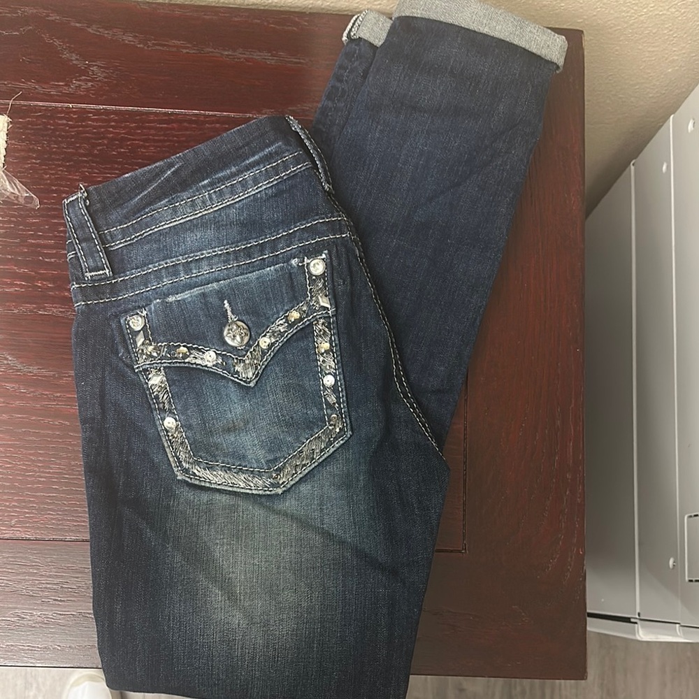 Miss Me Dark Blue Skinny Jeans with Silver Accents